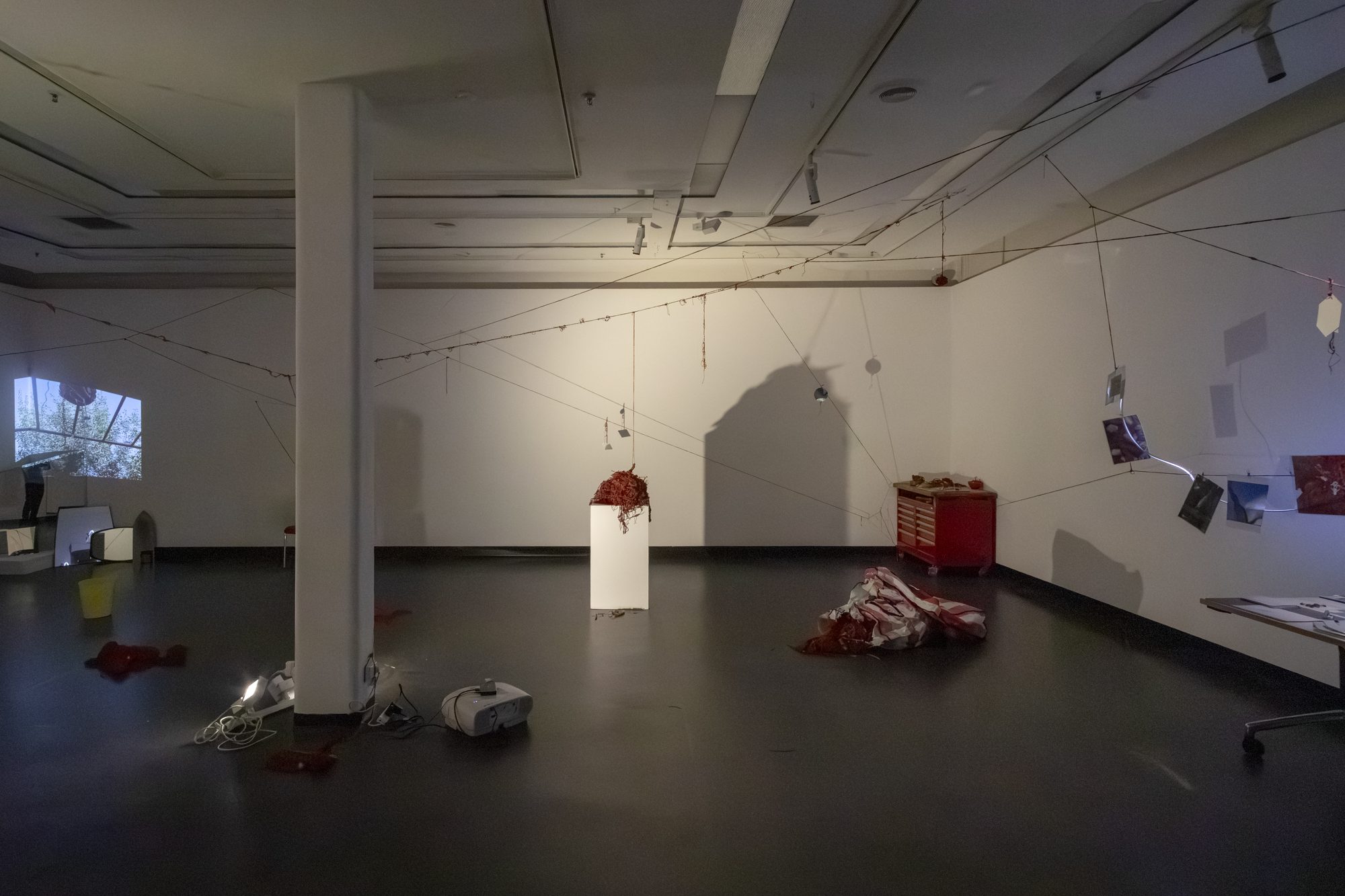 Installation view of the gallery: red yarn lines, a white plinth with a mound of yarn, projections and scattered objects