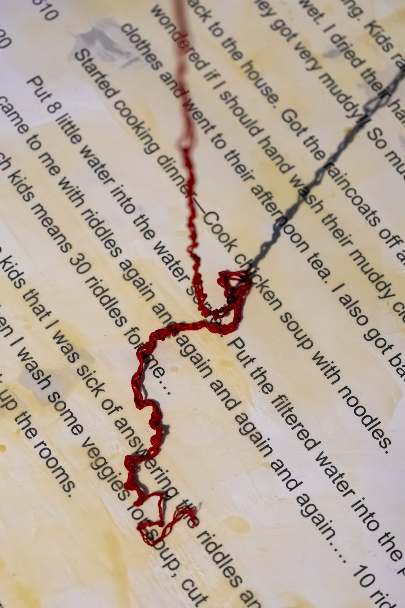Red yarn lying across a scroll of printed daily notes