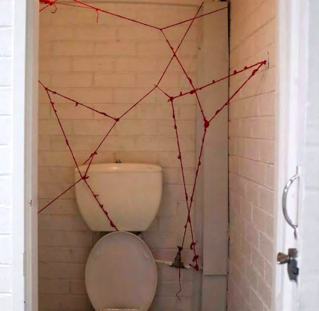 Red yarn lines on a wall above a toilet